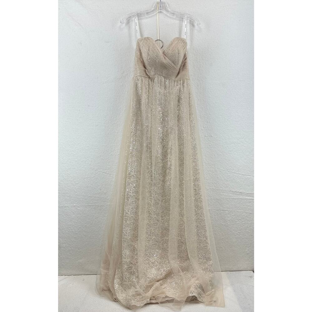 BELsoie Strapless Sweetheart Gown Gold Tulle Overlay Size 6 Regal Glam Formal